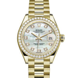 replika Rolex Lady-Datejust Oyster 28 mm gult guld og diamanter Hvid urskive M279138RBR-0015