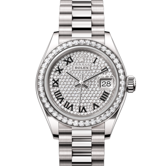 replika Rolex Lady-Datejust Oyster 28 mm hvidguld og diamanter Diamantbelagt urskive M279139RBR-0014